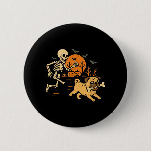 Lustiger Skeleton jagt Pug Halloween-Kostüm Hund Button