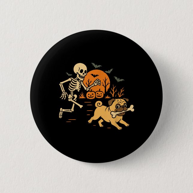 Lustiger Skeleton jagt Pug Halloween-Kostüm Hund Button (Vorderseite)