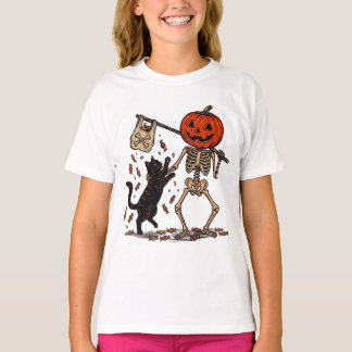 Lustiger Skelett, das eine schwarze Katze an Hallo T-Shirt