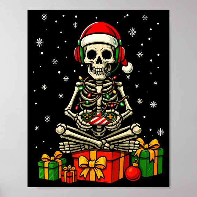 Lustiger Skelett-Spielcontroller Weihnachtslichter Poster (Vorne)
