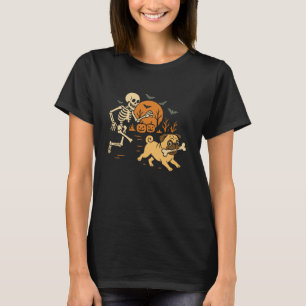 Lustiger Skelett-Verfolgungs-Pug-Halloween-Kostüm- T-Shirt