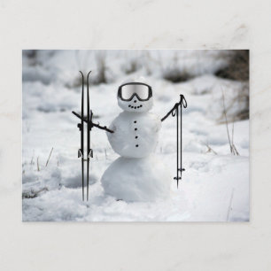 Lustiger Skifahren Weihnachten Schneemann Winter S Postkarte