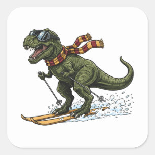 Lustiger Skifahrender T-Rex Quadratischer Aufkleber