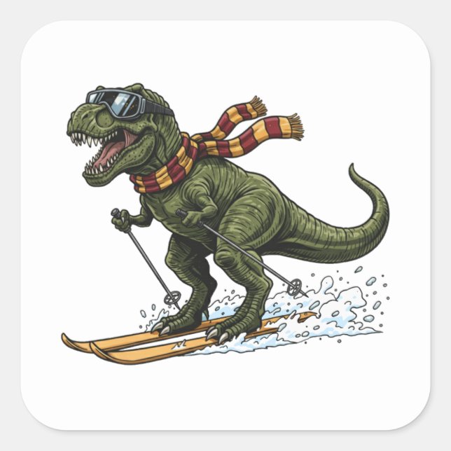 Lustiger Skifahrender T-Rex Quadratischer Aufkleber (Vorderseite)