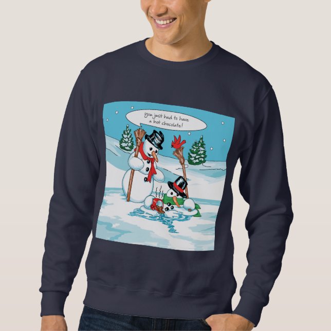 Lustiger Snowman mit heiße Schokoladen-Cartoon Sweatshirt (Vorderseite)