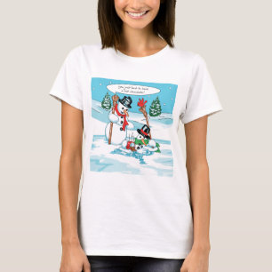 Lustiger Snowman mit heiße Schokoladen-Cartoon T-Shirt