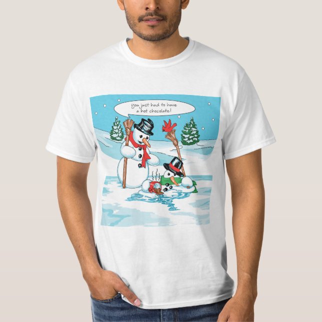 Lustiger Snowman mit heiße Schokoladen-Cartoon T-Shirt (Vorderseite)