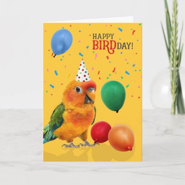 Lustiger Sonnenconure-Papageien-Geburtstag Karte (Vorderseite)