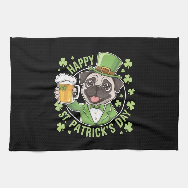 Lustiger St. Patrick's Day Mops mit Bierkrug Geschirrtuch (Horizontal)