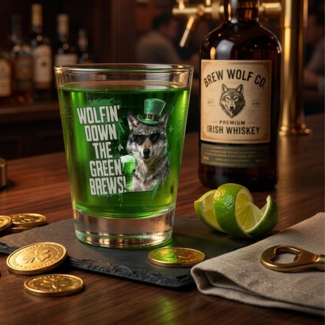Lustiger St. Patrick's Day Wolf irischer Partyarti Schnapsglas (Von Creator hochgeladen)