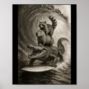Lustiger surfen Waschbär Capybara Krokodil Selfie Poster
