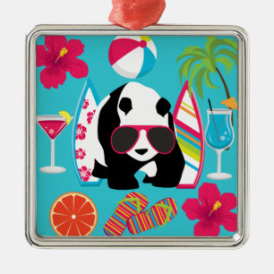 Lustiger surfende Panda-Bärn-Strand-Gammler-coole Silbernes Ornament