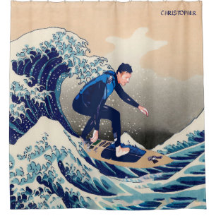 Lustiger Surfer, der auf die Hokusai große Welle Duschvorhang