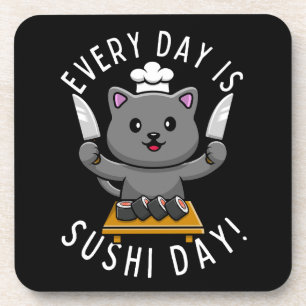 Lustiger süßer Chef-Katze Jeder Tag ist Sushi-Tag Getränkeuntersetzer