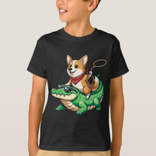 Lustiger süßer Corgi reitet Alligator Hund Cowboy T-Shirt