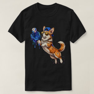 Lustiger süßer Corgi spielt Baseball Drip Hund T-Shirt