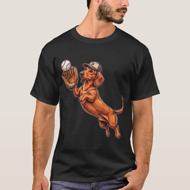 Lustiger süßer Dachshund spielt Baseball Hund Catc T-Shirt (Vorderseite)