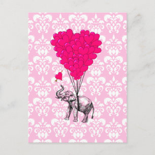 Lustiger süßer Elefant & rosa Damast Postkarte