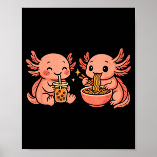 Lustiger süßer Kawaii Axolotl, der Ramen-Nudeln is Poster