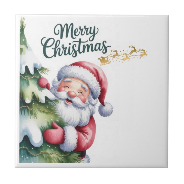 Lustiger süßer Weihnachtsmann mit Baum und Typogra Fliese (Vorderseite)