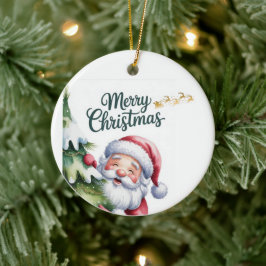 Lustiger süßer Weihnachtsmann mit Baum und Typogra Keramik Ornament