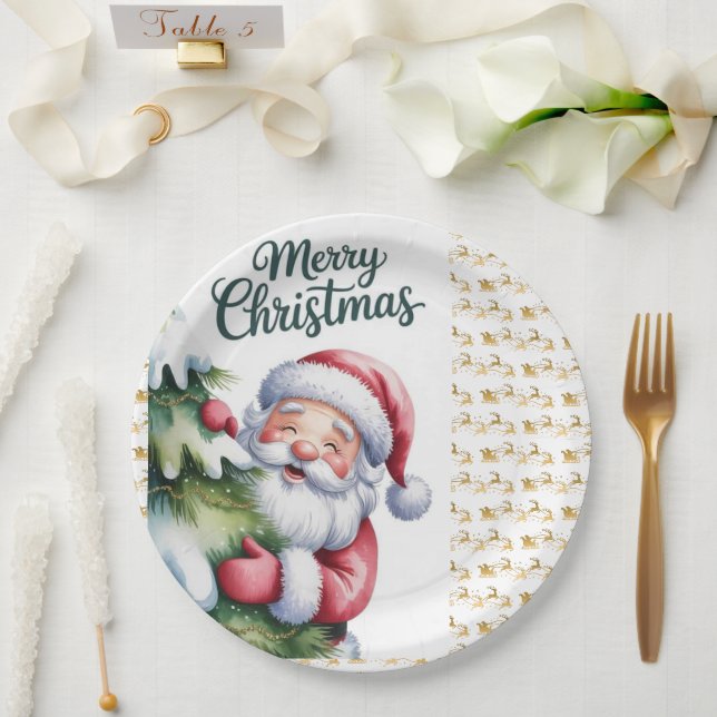 Lustiger süßer Weihnachtsmann mit Baum und Typogra Pappteller (Hochzeit)