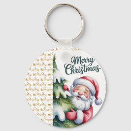 Lustiger süßer Weihnachtsmann mit Baum und Typogra Schlüsselanhänger