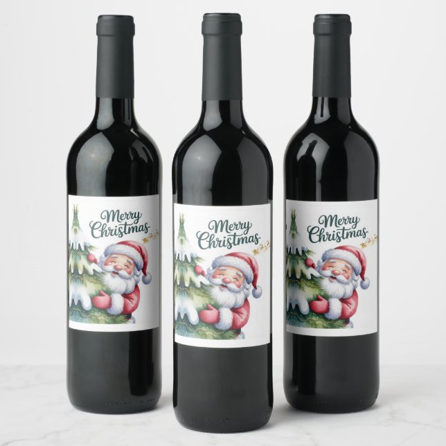 Lustiger süßer Weihnachtsmann mit Baum und Typogra Weinetikett (Flaschen)