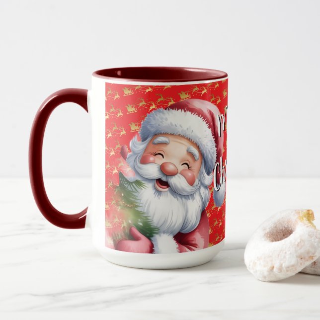 Lustiger süßer Weihnachtsmann & Typografie Tasse (Mit Donut)