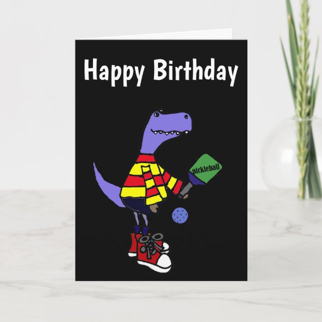 Lustiger T-rex Dinosaurier, der Pickleball spielt Karte (Vorderseite)
