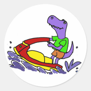 Lustiger T-rex Dinosaurier-Jet-Skifahren-Cartoon Runder Aufkleber