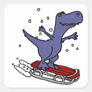 Lustiger T-rex Dinosaurier-Sledding Cartoon Quadratischer Aufkleber
