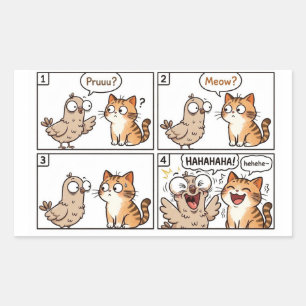 Lustiger Taubenkatze Pruuu Meow Comic Strip 4 Pane Rechteckiger Aufkleber