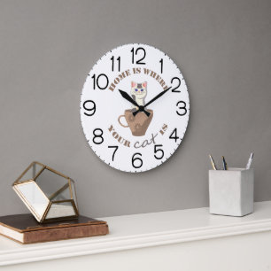 Lustiger Text Zuhause ist dort, wo deine Katze in Große Wanduhr