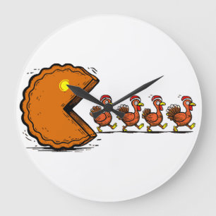 Lustiger Thanksgiving-Pie-essender Truthahn Retro- Große Wanduhr