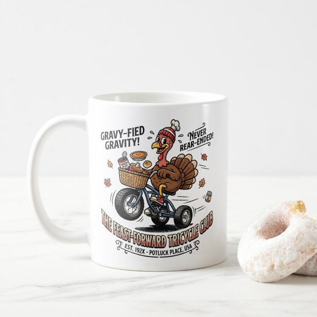 Lustiger Thanksgiving Truthahn Dreirad | Retro Pot Kaffeetasse (Mit Donut)