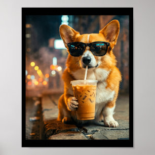 Lustiger Tier-Meme: Corgi-Hund trinkt eisgekühlten Poster