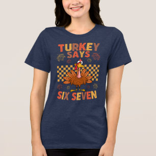Lustiger „Truthahn sagt sechs sieben“ Thanksgiving Tri-Blend Shirt