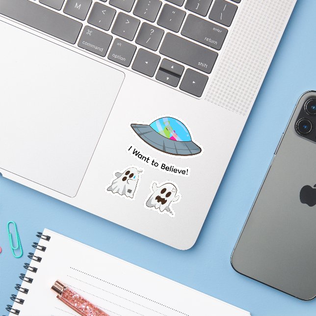 Lustiger UFO-Alien entführt Geist Aufkleber (Laptop mit iPhone)