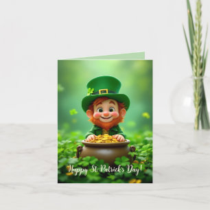 Lustiger und süßer Leprechaun, Goldmünzen, Shamroc Feiertagskarte