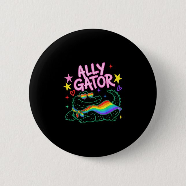 Lustiger Verbündeter Alligator Stolz Monat Regenbo Button (Vorderseite)