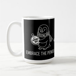 Lustiger verlorener Grönland-Pinguin umarmt die fa Kaffeetasse