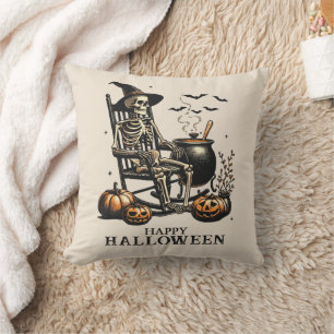 Lustiger Vintage-Skelett wartet auf Halloween Kissen
