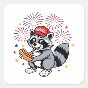 Lustiger Waschbär 4. Juli Patriotisch Süß Rot Weiß Quadratischer Aufkleber