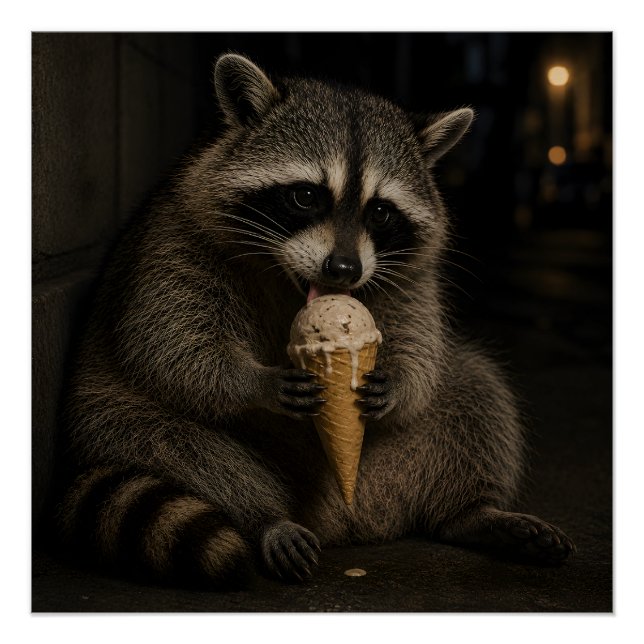 Lustiger Waschbär, der Eiscreme isst Poster (Vorderseite)