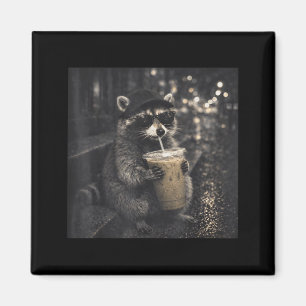 Lustiger Waschbär mit Sonnenbrille beim Trinken vo Magnet