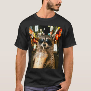 Lustiger Waschbär trinkt Eis Kaffee Männer Frauen  T-Shirt