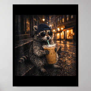 Lustiger Waschbär trinkt eisgekühlten Kaffee, cool Poster