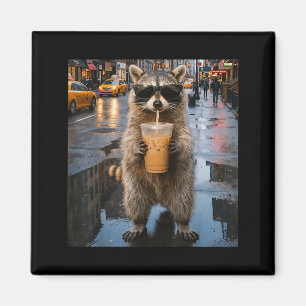 Lustiger Waschbär trinkt eisgekühlten Kaffee Tier Magnet
