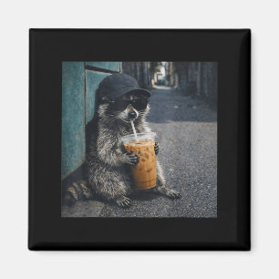Lustiger Waschbär trinkt eisgekühlten Kaffee Tier  Magnet